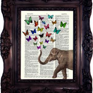 Elephant With Butterflies. Dictionary Art Print...