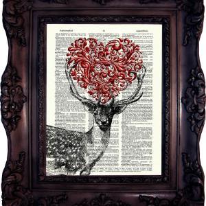 Deer And Heart. Dictionary Art Print. Vintage Art..