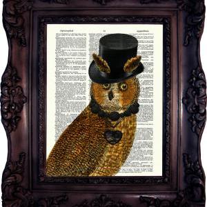 Steampunk Owl Art. Dictionary Art Print. Vintage..
