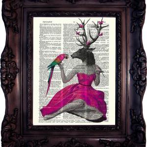 Steampunk Pin Up Deer In Pink. Dictionary Art..