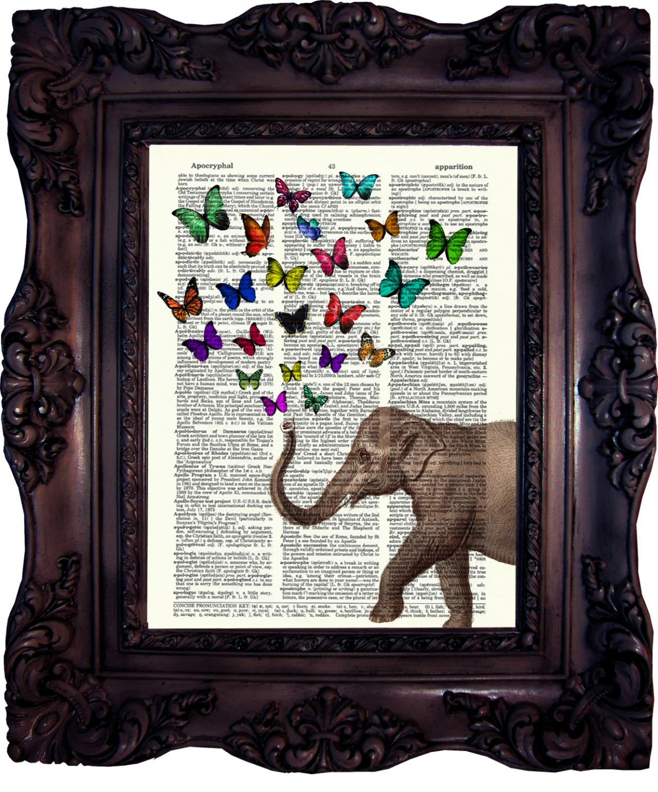 Elephant With Butterflies. Dictionary Art Print. Vintage Art Print On Book Page. Elephant Art Print. Wall Art. Dictionary Print. Code:513