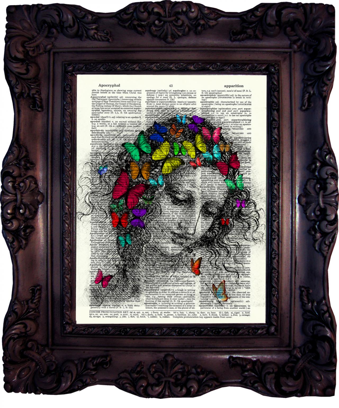 Butterfly Art. Leonardo Da Vinci. Dictionary Art Print. Vintage Art Print On Book Page. Beautiful Lady. Dictionary Print. Code:148