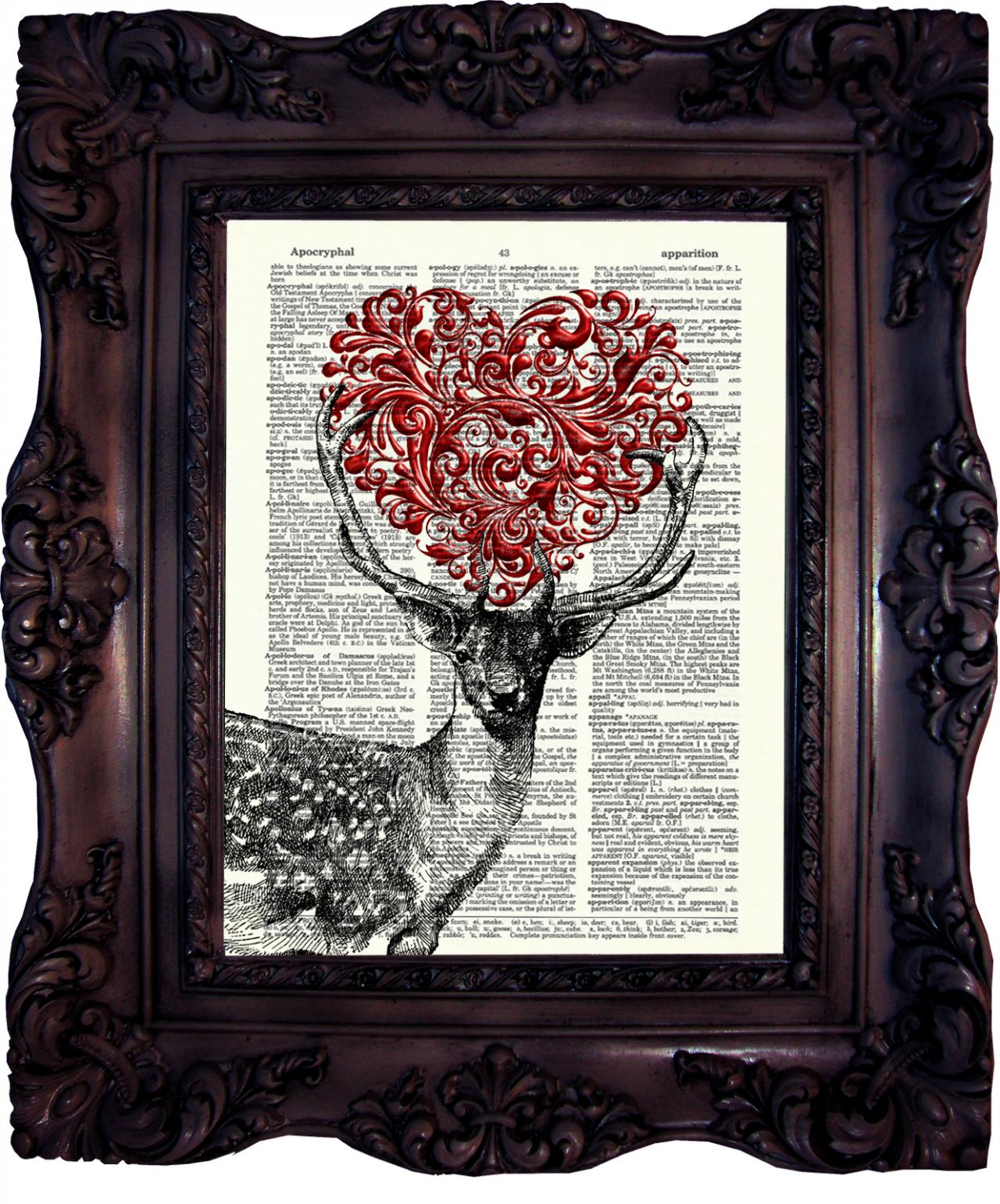 Deer And Heart. Dictionary Art Print. Vintage Art Print On Book Page. Deer Art Print. Wall Art. Decor. Love. Dictionary Print. Code:510