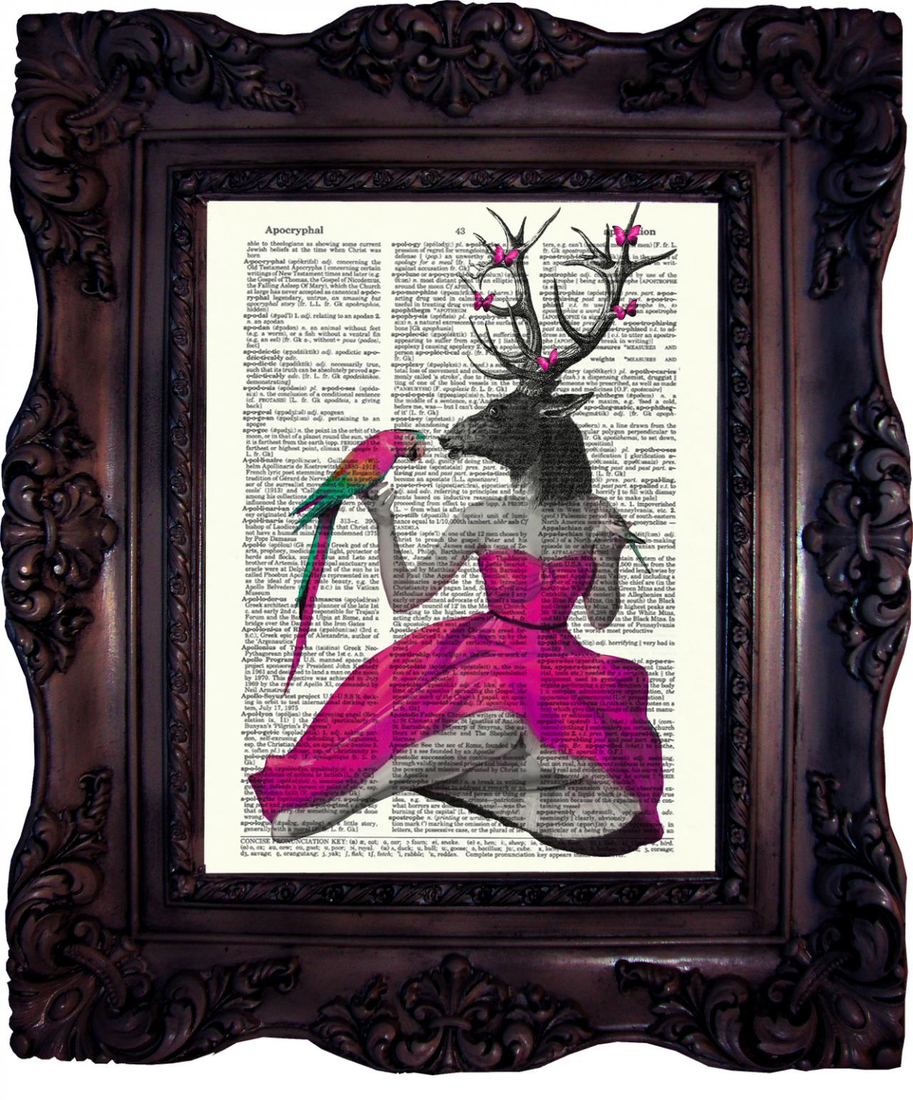 Steampunk Pin Up Deer In Pink. Dictionary Art Print. Vintage Art Print On Book Page. Art Print. Dictionary Print Parrot. Butterfly. Code:156